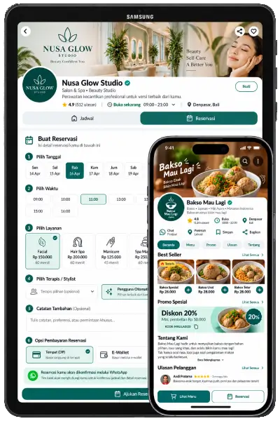 Contoh tampilan Page Bisnis OWNIS dengan hero Kopi Nusa, produk best seller, tentang kami, reservasi tempat, dan footer.